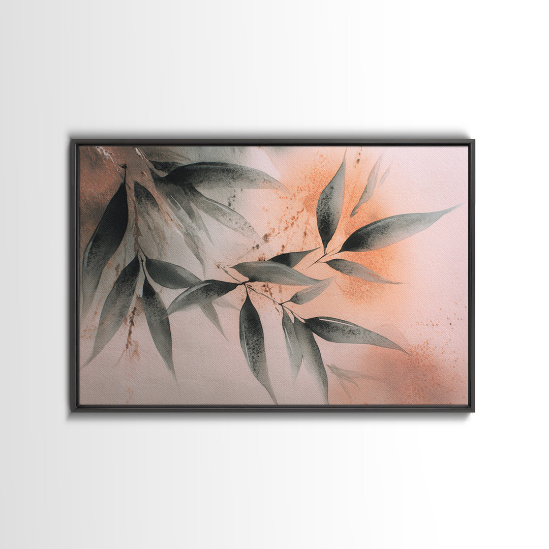 Bamboo Leaves in Gentle Ink Wash Framed Canvas Print, Meditation Art, Minimalist Decor, Living Room Decor, Fine Art, Stillness, MED-3x2-39