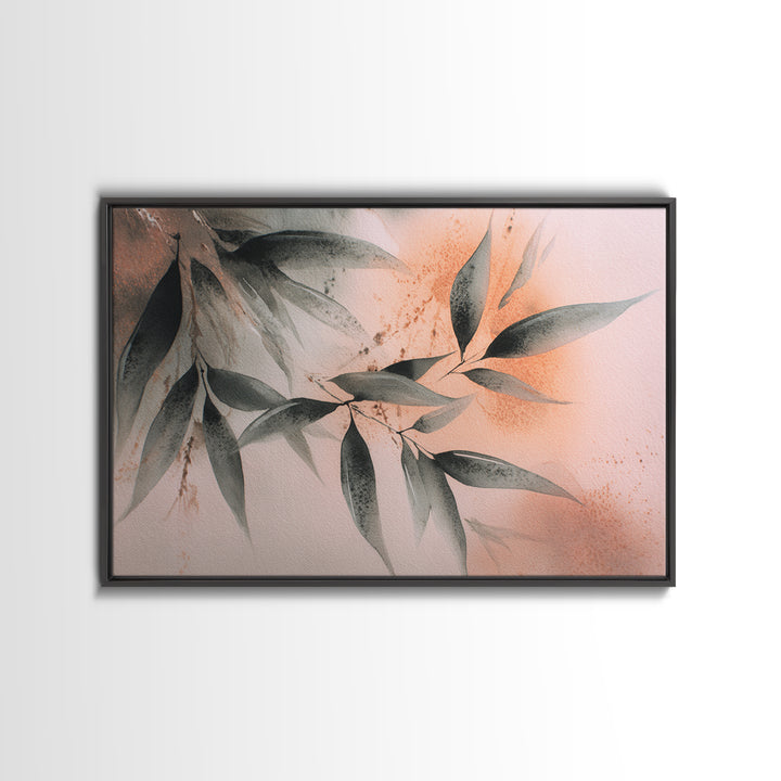 Bamboo Leaves in Gentle Ink Wash Framed Canvas Print, Meditation Art, Minimalist Decor, Living Room Decor, Fine Art, Stillness, MED-3x2-39