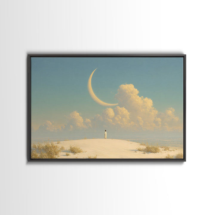 Single Seated Figure Beneath a Crescent Moon Canvas Print, Meditation Art, Modern Wall Art, Living Room Decor, Stillness, MED-3x2-7
