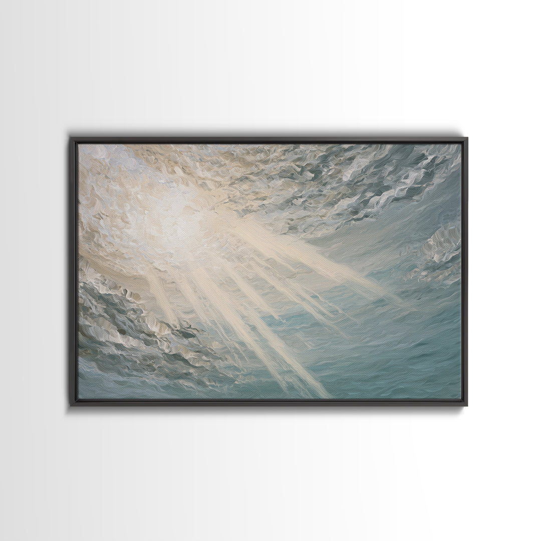 Angelic Light Rays Through Abstract Clouds Framed Canvas Print, Meditation Art, Minimalist Art, Living Room Decor, Stillness, MED-3x2-74