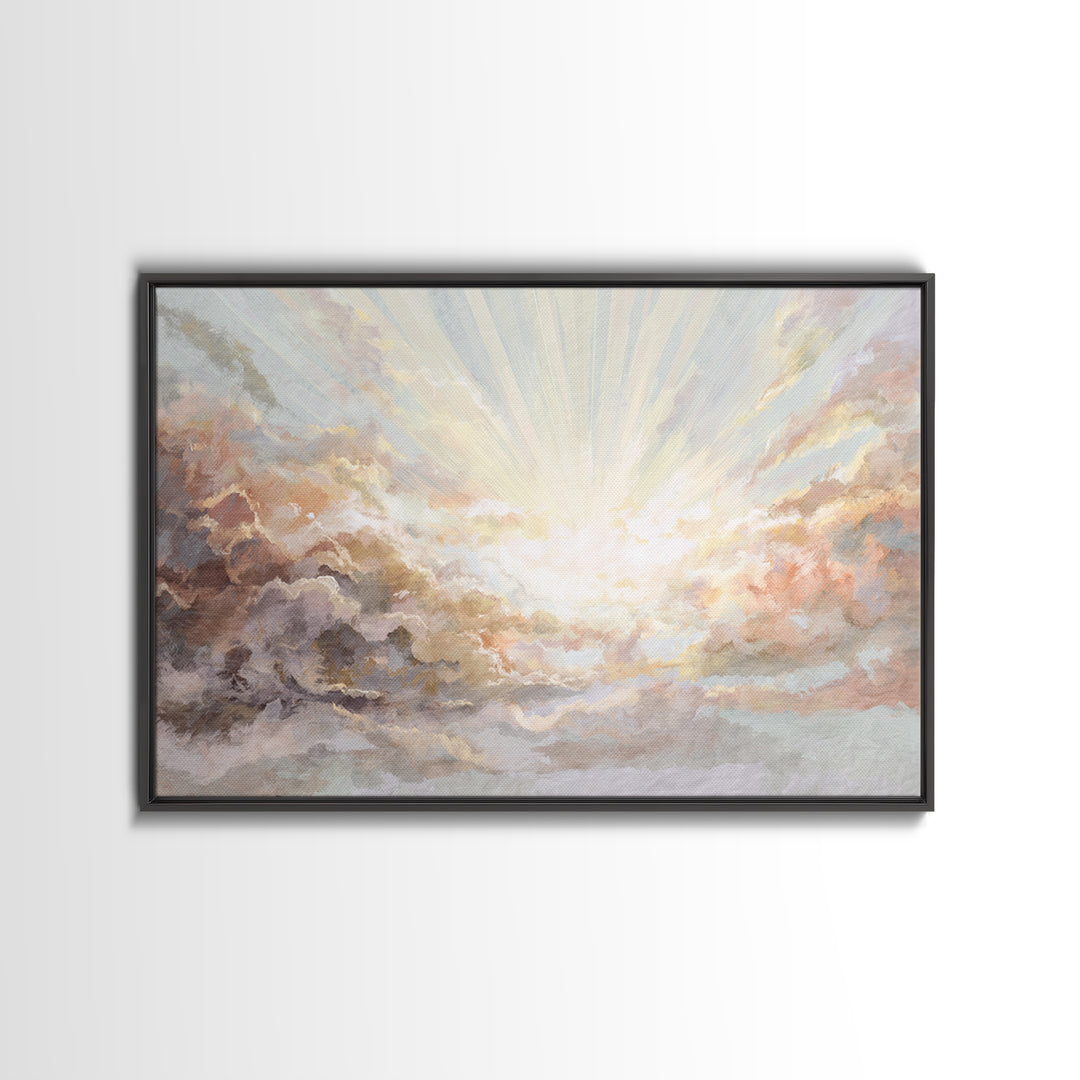 Angelic Light Rays Through Abstract Clouds Canvas Print, Meditation Art, Yoga Wall Art, Living Room Decor, Fine Art, Stillness, MED-3x2-98