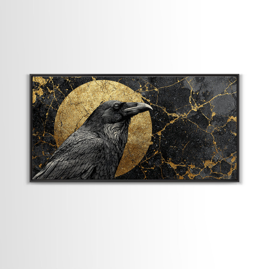 Raven Gold Canvas Print, Dark Bird Art With Lunar Circle Design, Real Wood Frame Wall Décor, Mystical Gothic Nature Artwork