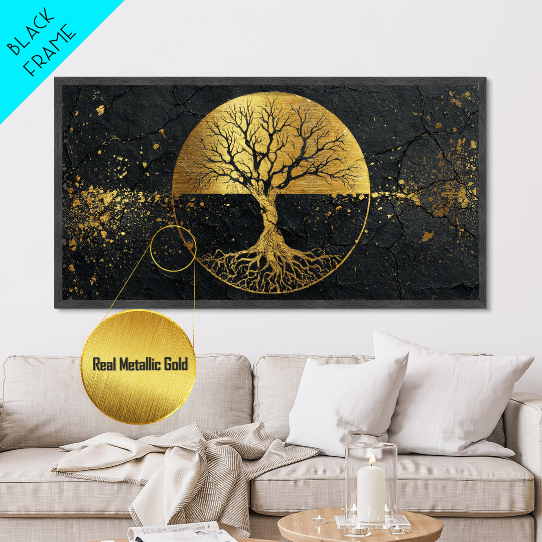 Mystical Roots Tree Metallic Gold Art, Sacred Nature Symbol Metal Print, Real Wood Frame Wall Décor, Spiritual Mythical Decorative Artwork