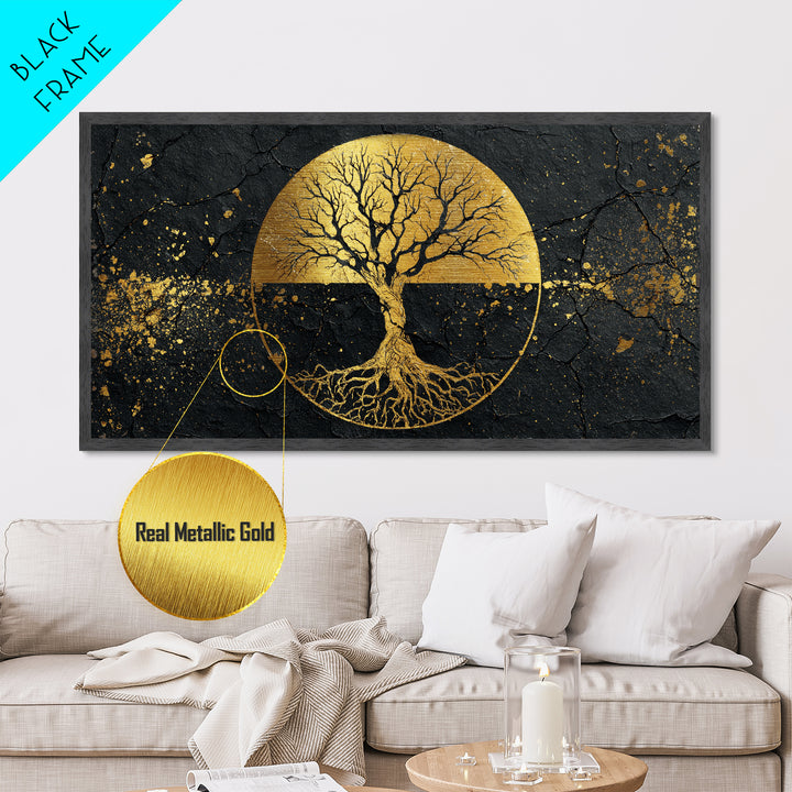 Mystical Roots Tree Metallic Gold Art, Sacred Nature Symbol Metal Print, Real Wood Frame Wall Décor, Spiritual Mythical Decorative Artwork