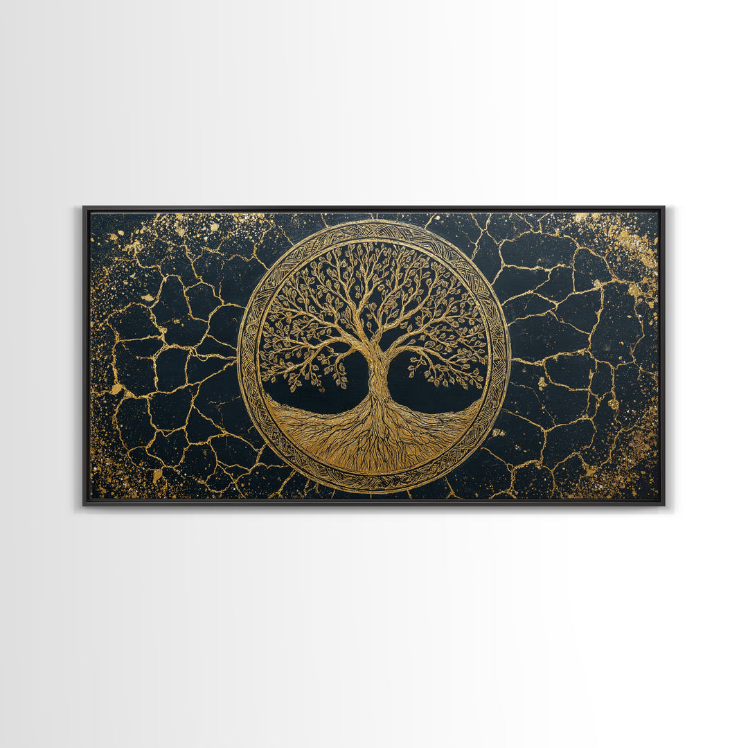 Tree Of Life Circle Gold Canvas Print, Sacred Geometry Wall Art, Norse Yggdrasil Artwork, Real Wood Frame Decor