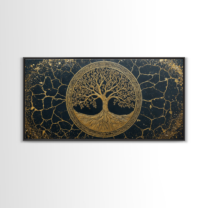 Tree Of Life Circle Gold Canvas Print, Sacred Geometry Wall Art, Norse Yggdrasil Artwork, Real Wood Frame Decor