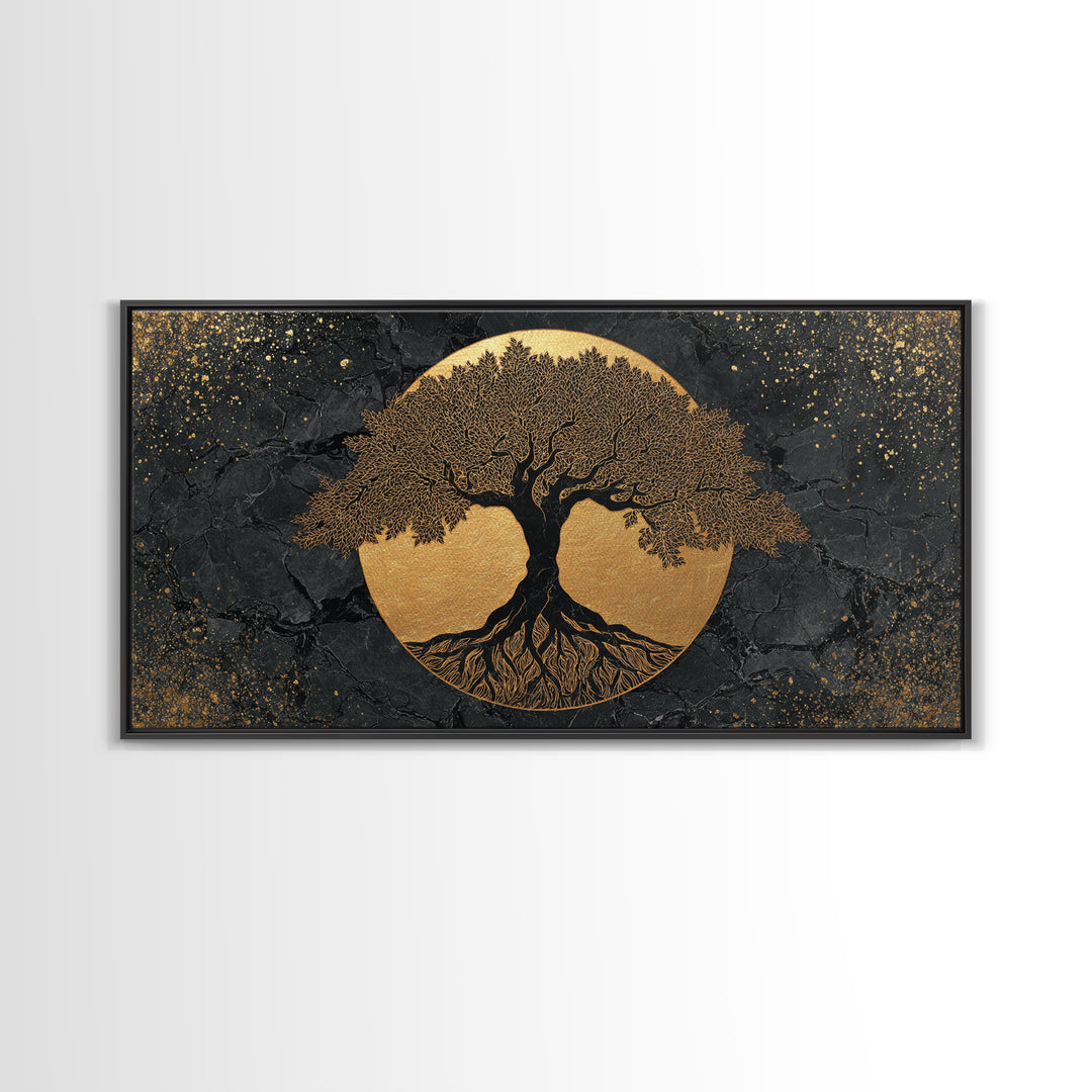 Elegant Tree Of Life Gold Canvas Print, Modern Sacred Geometry Wall Art, Mystical Symbol Artwork, Real Wood Frame Decor