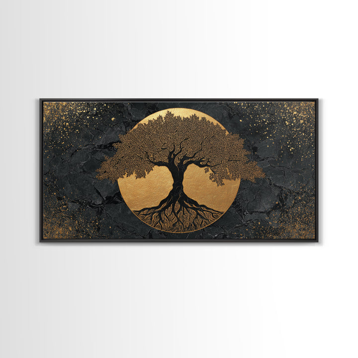 Elegant Tree Of Life Gold Canvas Print, Modern Sacred Geometry Wall Art, Mystical Symbol Artwork, Real Wood Frame Decor