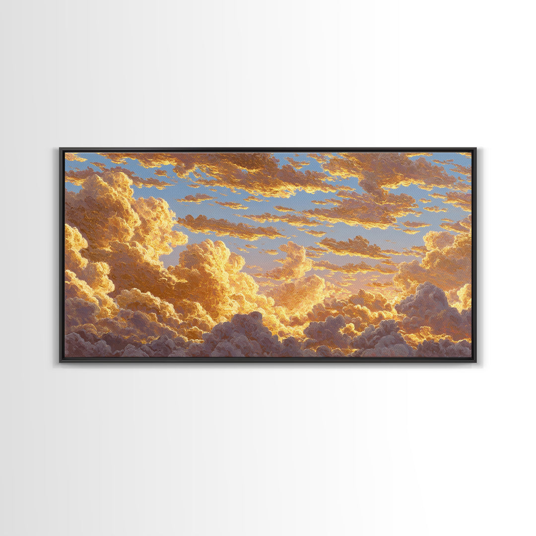 Golden Clouds Gold Canvas Art, Sky And Light Filled Cloudscape Canvas Print, Real Wood Frame Wall Décor, Dreamy Atmospheric Artwork