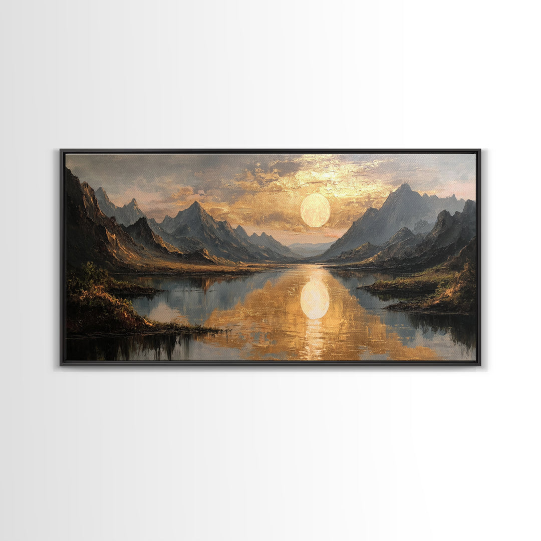 Mountain Lake Gold Canvas Print, Golden Sun Over Peaks And Reflection Art, Real Wood Frame Wall Décor, Tranquil Landscape Artwork