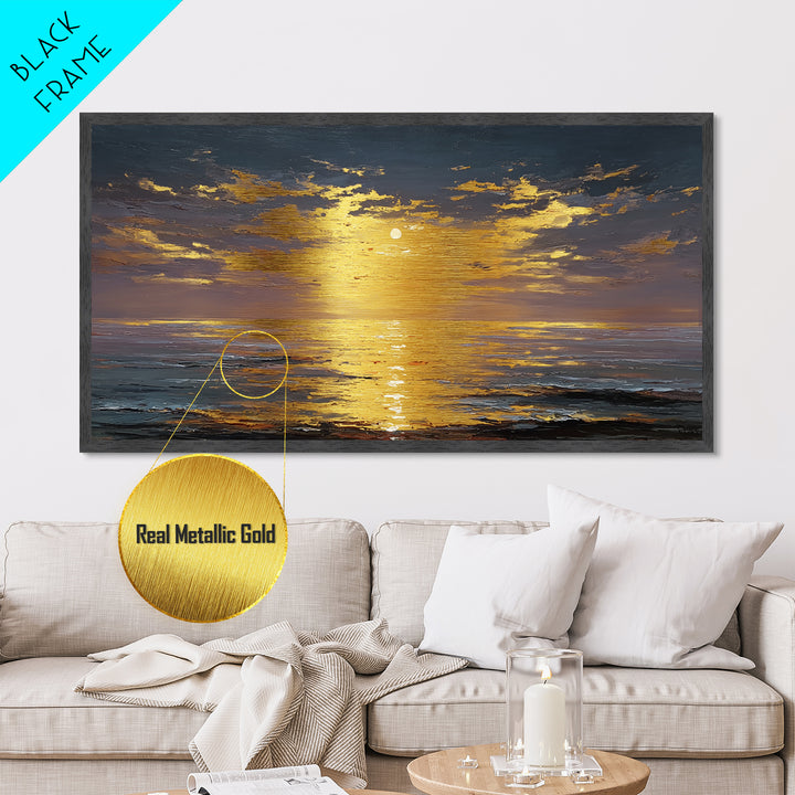 Ocean Sunset Metallic Gold Metal Print, Radiant Sunlight Over Waves Artwork, Real Wood Frame Wall Décor, Coastal Seascape Glow Art