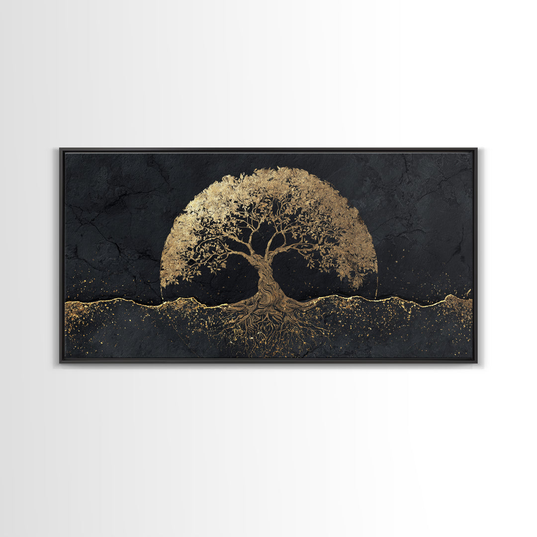 Sacred Tree Gold Canvas Art, Symbolic Roots And Branches Canvas Print, Real Wood Frame Wall Décor, Mystical Spiritual Nature Artwork