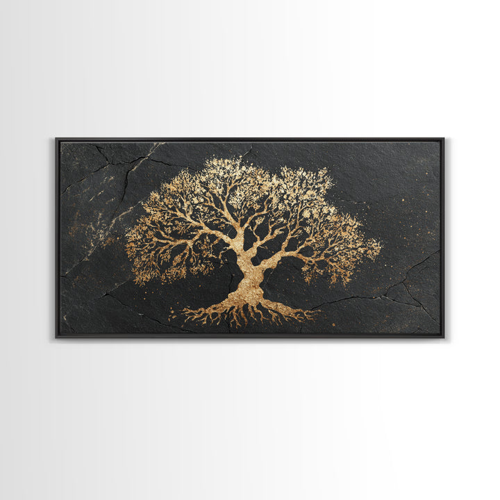 Ancient Oak Gold Canvas Print, Timeless Tree Of Life Design Artwork, Real Wood Frame Wall Décor, Nature Inspired Mystical Symbol Art