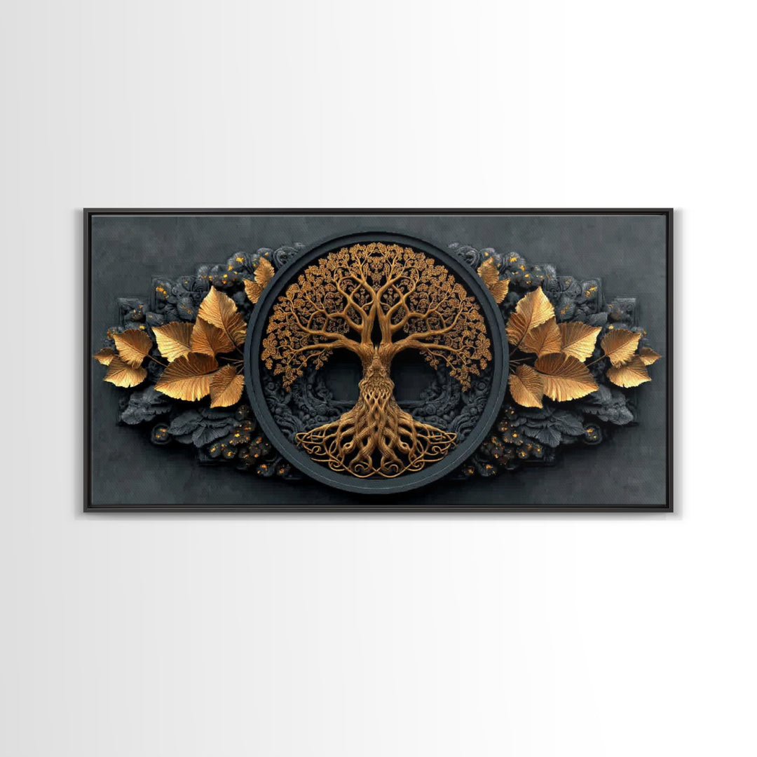 Decorative Tree Of Life Gold Canvas Art, Ornate Circle Design Canvas Print, Real Wood Frame Wall Décor, Luxurious Nature Inspired Artwork