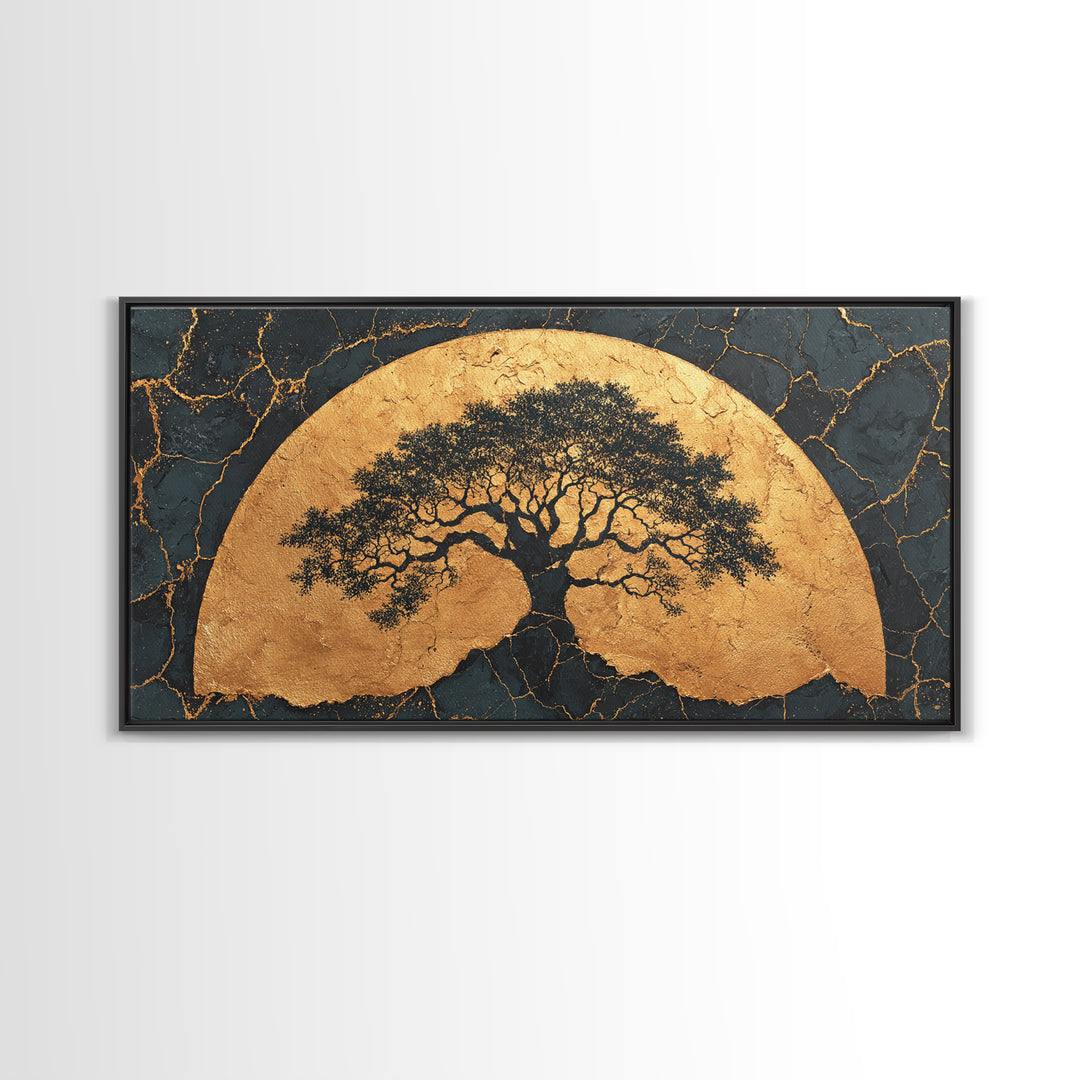 Golden Horizon Tree Gold Canvas Print, Majestic Nature Symbol Artwork, Real Wood Frame Wall Décor, Sacred Celestial Inspired Art