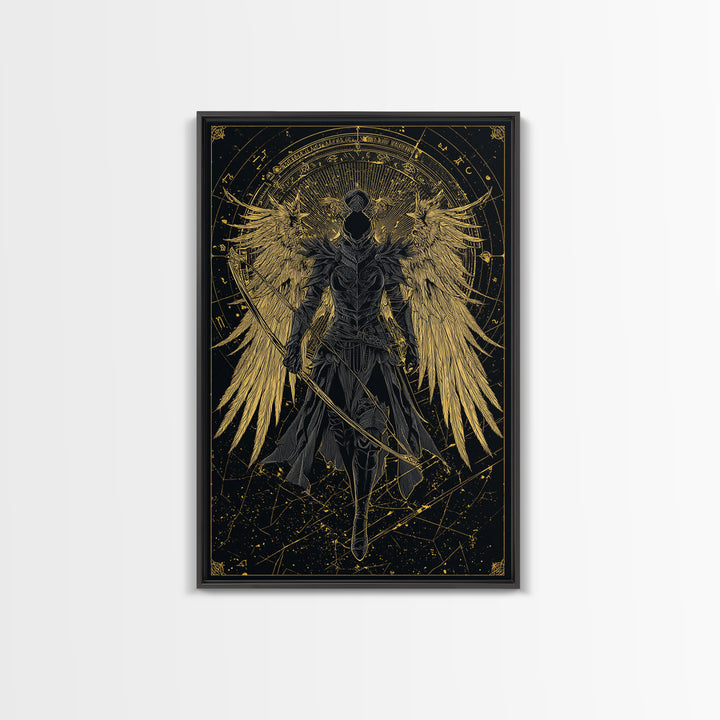 Armored Angel Gold Canvas Art, Celestial Guardian With Bow Canvas Print, Real Wood Frame Wall Décor, Mythology Warrior Artwork