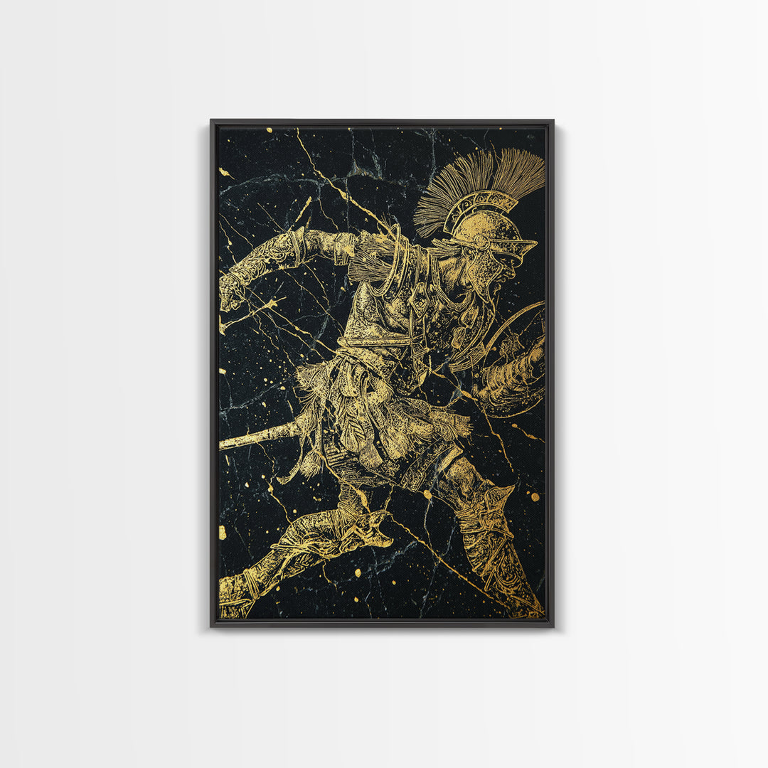 Roman Gladiator Gold Canvas Print, Ancient Warrior Art On Canvas, Real Wood Frame Wall Décor, Historical Mythology Artwork