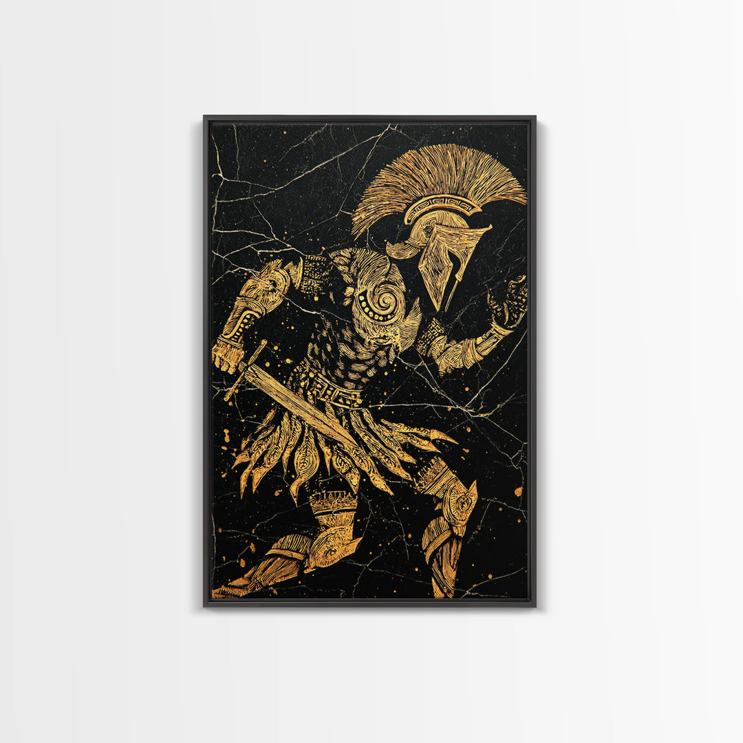 Spartan Warrior Gold Canvas Art, Ancient Soldier Canvas Print, Real Wood Frame Wall Décor, Heroic Mythology Battle Artwork
