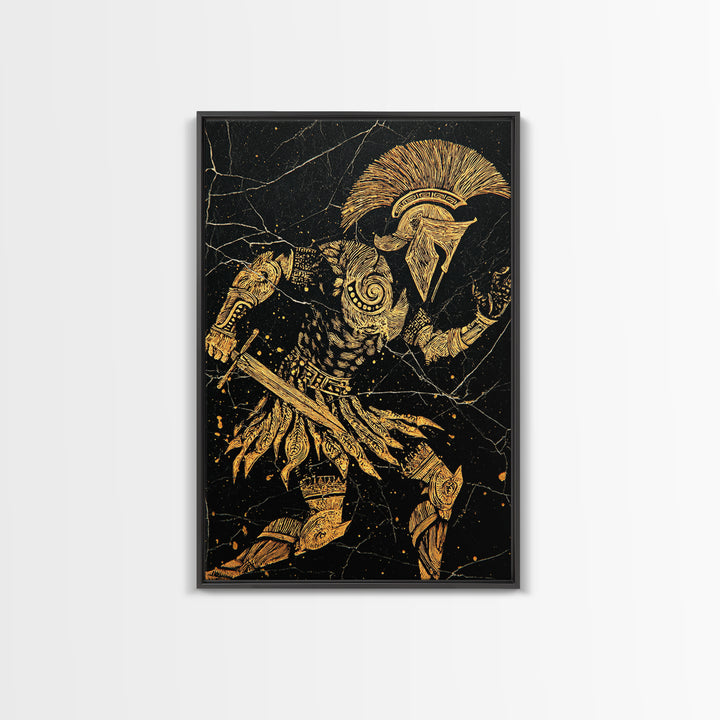 Spartan Warrior Gold Canvas Art, Ancient Soldier Canvas Print, Real Wood Frame Wall Décor, Heroic Mythology Battle Artwork