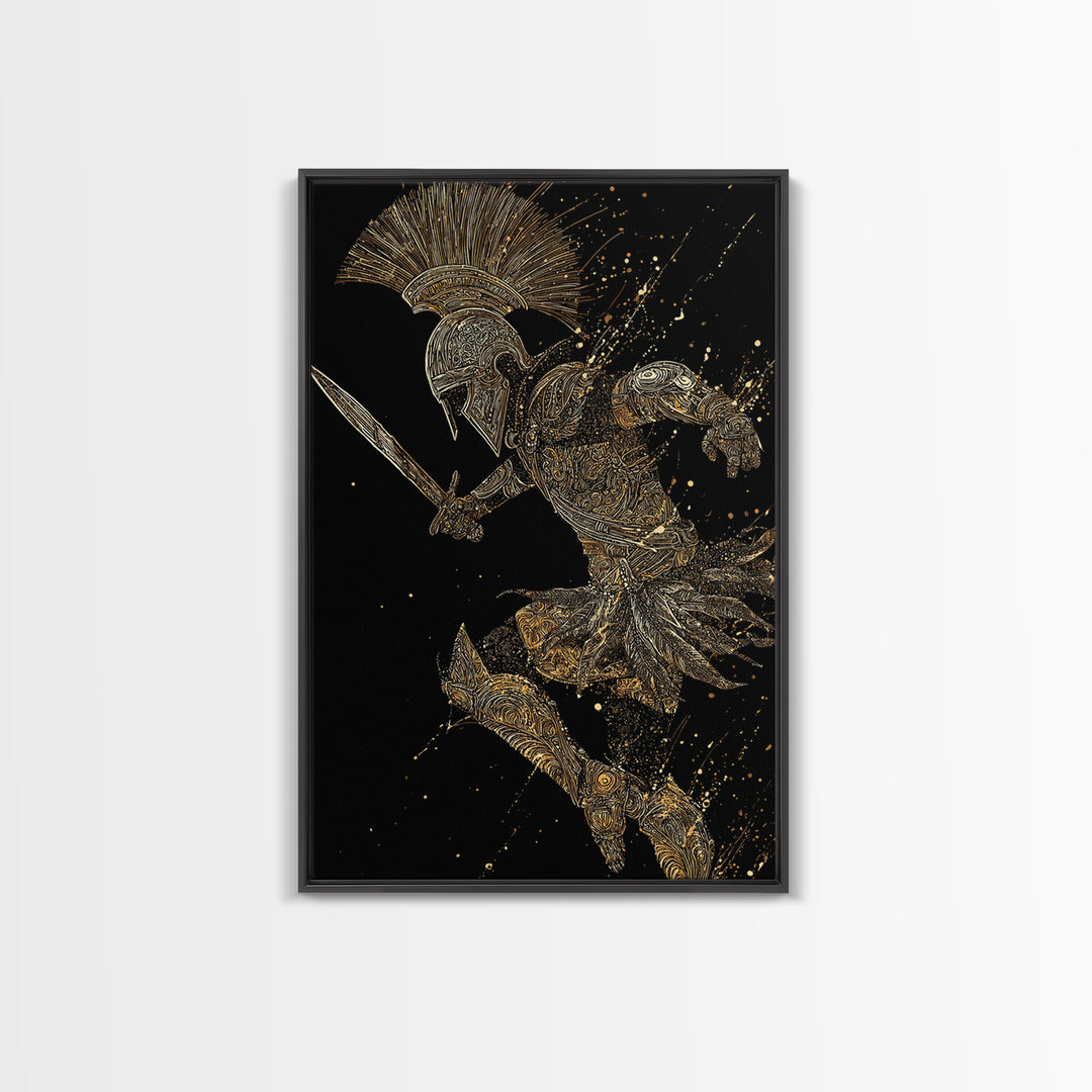 Charging Gladiator Gold Canvas Print, Warrior In Action Art On Canvas, Real Wood Frame Décor, Ancient Mythology Artwork