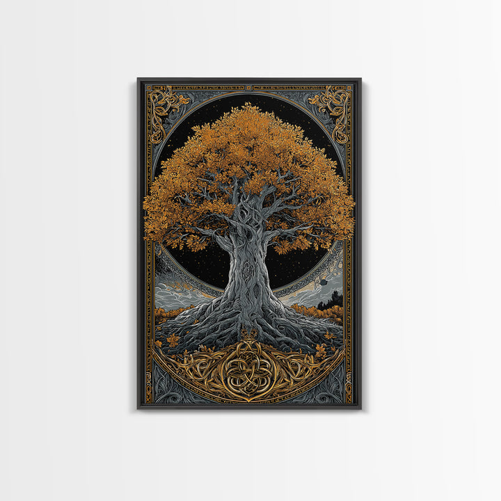 Yggdrasil Tree Gold Canvas Print, Norse Mythology Art On Canvas, Real Wood Frame Wall Décor, Sacred Viking Symbol Artwork