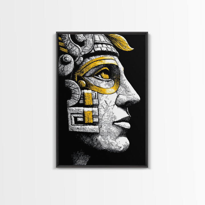 Aztec Warrior Gold Canvas Art, Ancient Tribal Mask Canvas Print, Real Wood Frame Wall Décor, Pre-Columbian Mythology Artwork