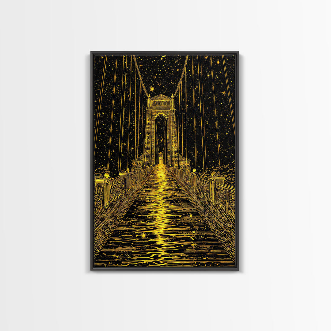 Celestial Bridge Gold Canvas Print, Fantasy Gateway Art On Canvas, Real Wood Frame Wall Décor, Mystical Night Sky Artwork
