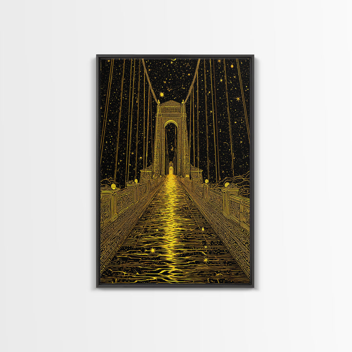 Celestial Bridge Gold Canvas Print, Fantasy Gateway Art On Canvas, Real Wood Frame Wall Décor, Mystical Night Sky Artwork