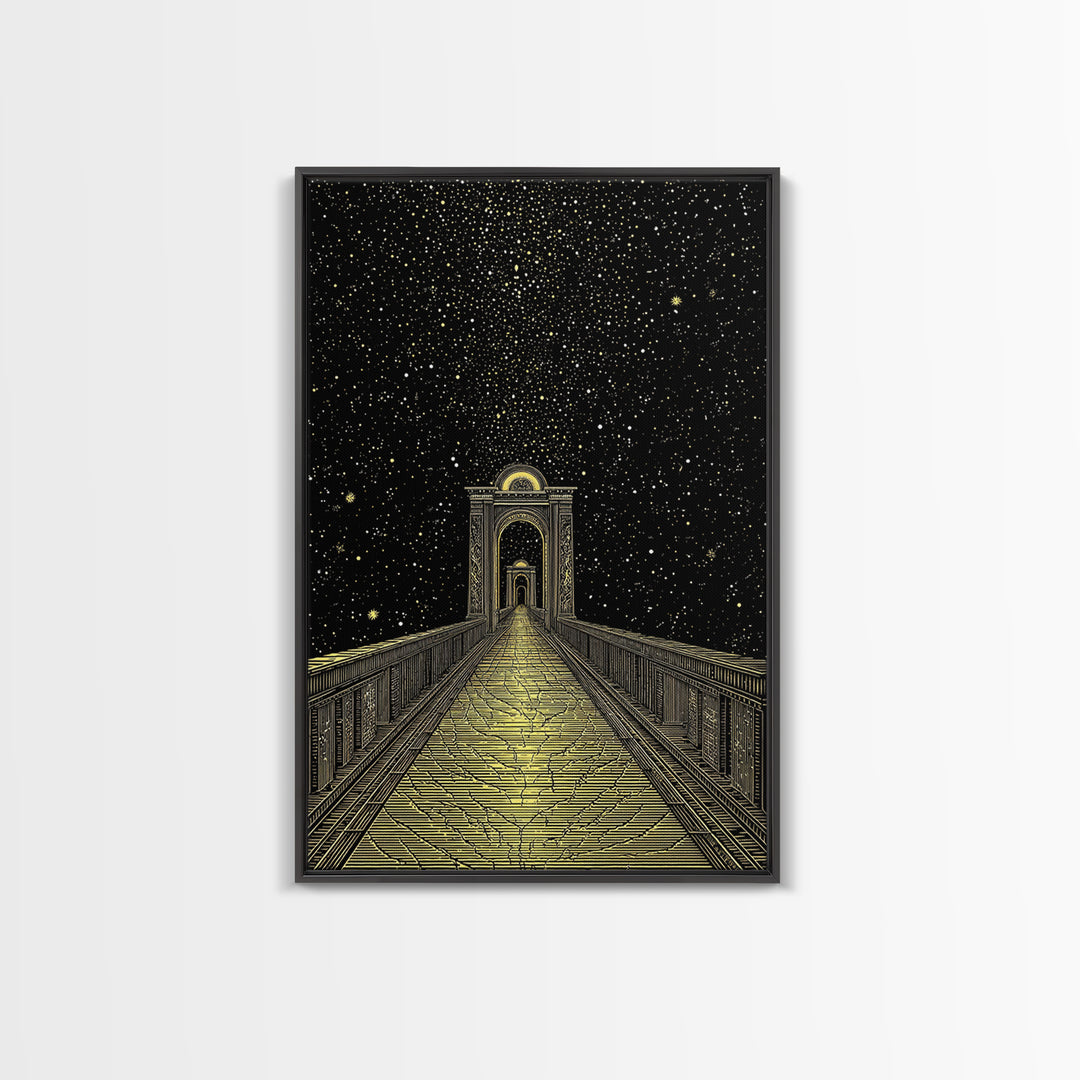 Starlit Path Gold Canvas Art, Fantasy Bridgeway Canvas Print, Real Wood Frame Wall Décor, Celestial Mythology Dream Artwork