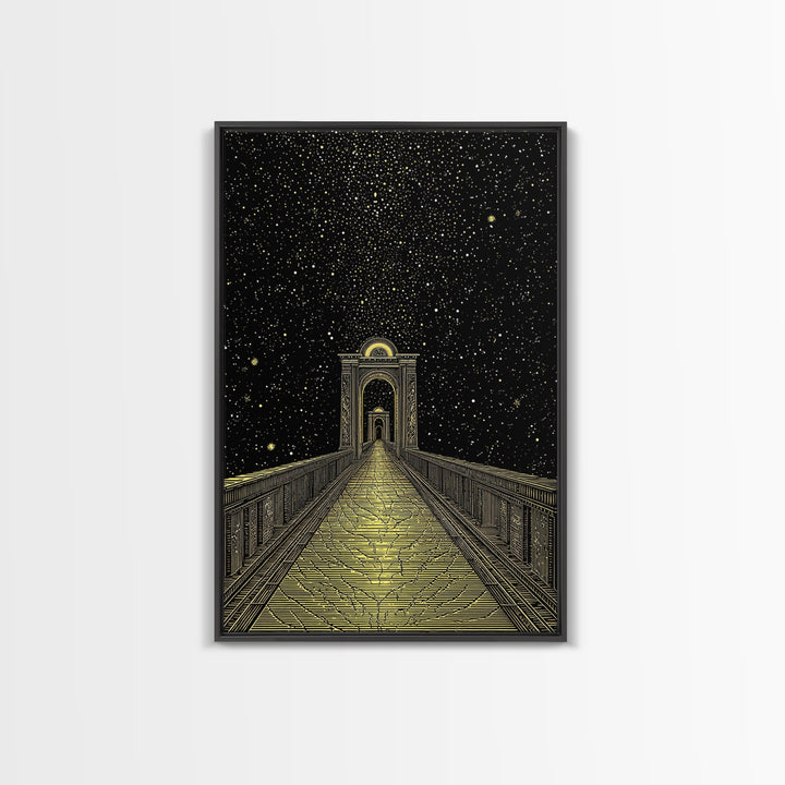 Starlit Path Gold Canvas Art, Fantasy Bridgeway Canvas Print, Real Wood Frame Wall Décor, Celestial Mythology Dream Artwork
