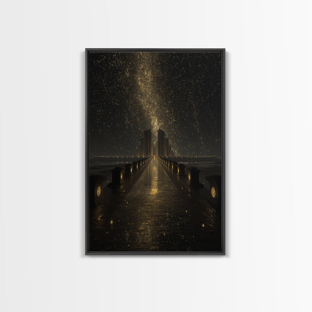 Cosmic Gateway Gold Canvas Print, Mystical Fantasy Bridge Art On Canvas, Real Wood Frame Décor, Starry Sky Celestial Artwork