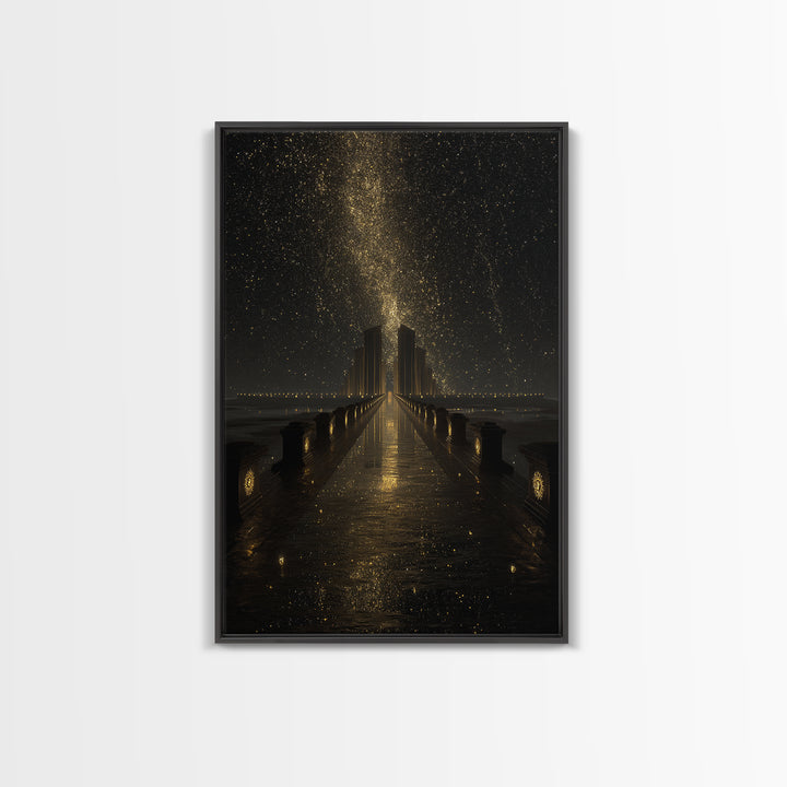 Cosmic Gateway Gold Canvas Print, Mystical Fantasy Bridge Art On Canvas, Real Wood Frame Décor, Starry Sky Celestial Artwork