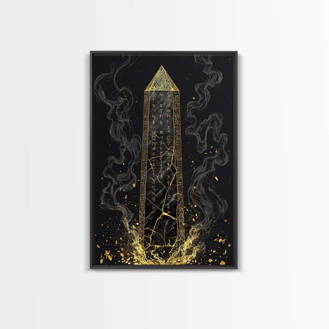 Runic Obelisk Gold Canvas Art, Mystical Stone Wall Print On Canvas, Real Wood Frame Decor, Ancient Fantasy Symbolic Artwork