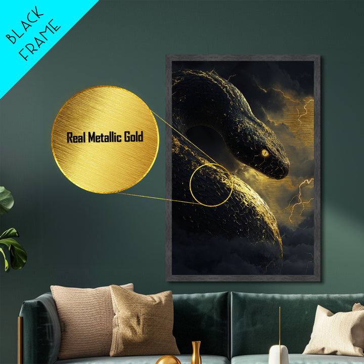 Mythical Serpent Metallic Gold Art, Norse Jormungandr Snake Metal Print, Real Wood Frame Wall Décor, Fantasy Mythology Creature Artwork