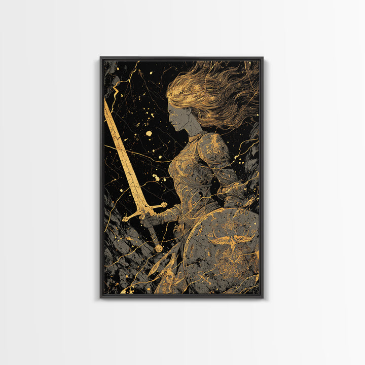 Warrior Maiden Gold Canvas Print, Female Knight With Sword And Shield Artwork, Real Wood Frame Wall Décor, Heroic Fantasy Art