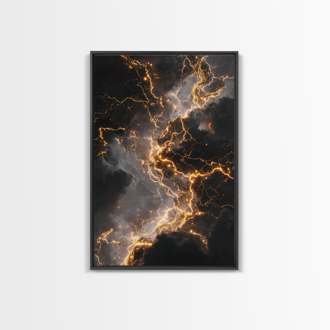 Celestial Lightning Storm Gold Canvas Art, Abstract Thunder Energy Canvas Print, Real Wood Frame Wall Décor, Dramatic Cosmic Power Artwork