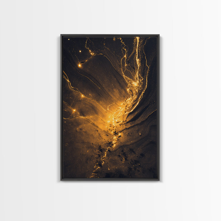 Golden River Flow Gold Canvas Print, Abstract Liquid Energy Artwork On Canvas, Real Wood Frame Wall Décor, Celestial Fluid Art