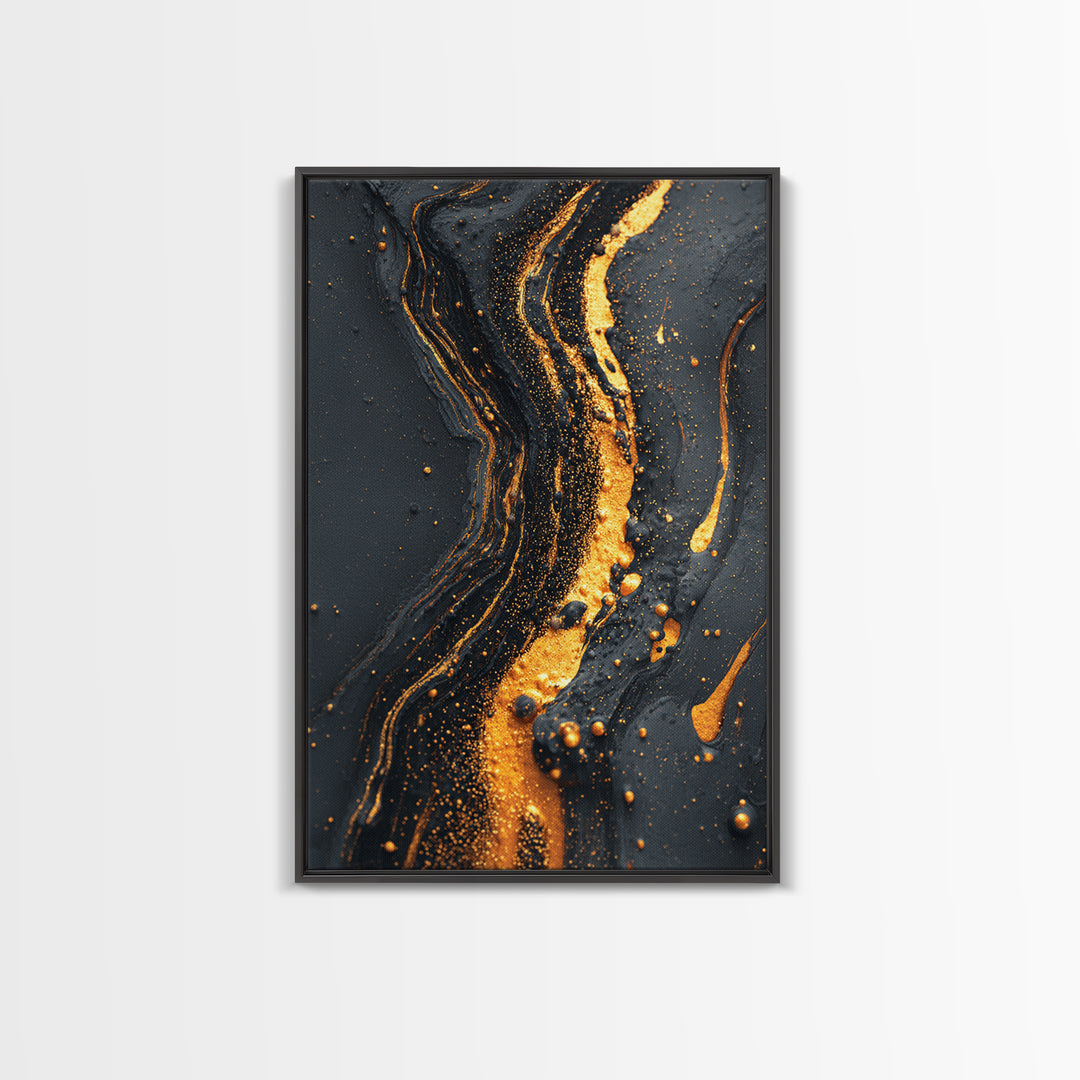 Abstract Gold Flow Art, Modern Luxury Canvas Print With Real Wood Frame, Fluid River Inspired Wall Décor, Contemporary Statement Artwork