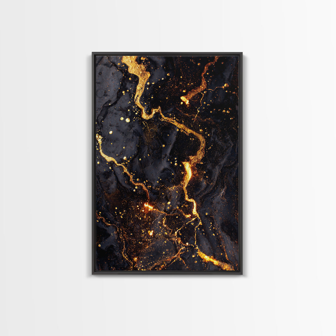 Abstract Lava Veins Gold Canvas Print, Modern Luxury Flow Artwork On Canvas, Real Wood Frame Wall Décor, Dramatic Statement Art