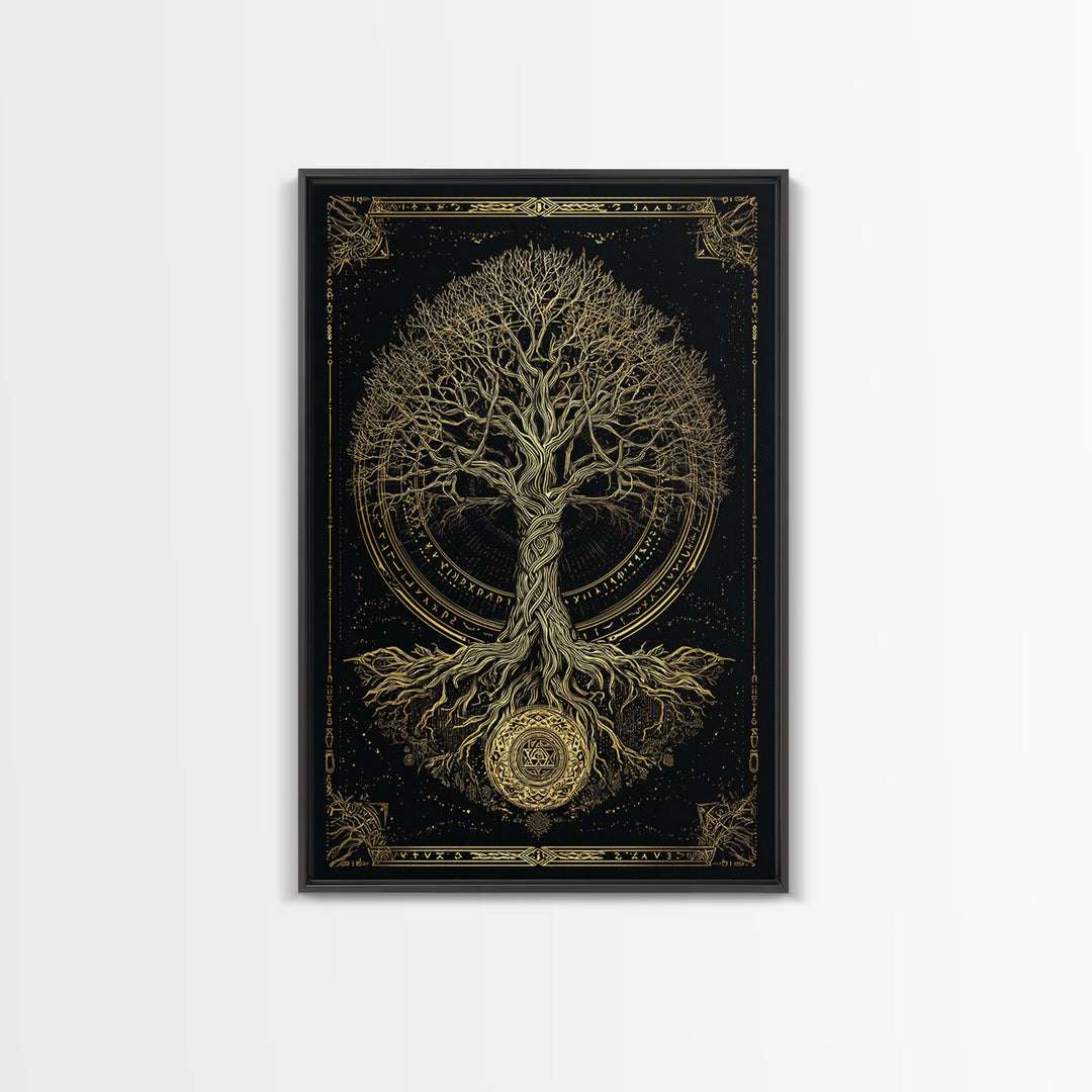 Sacred Yggdrasil Gold Canvas Art, Norse Mythology Tree Of Life Canvas Print, Real Wood Frame Wall Décor, Mystical Viking Symbol Artwork