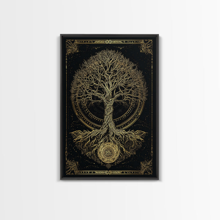 Sacred Yggdrasil Gold Canvas Art, Norse Mythology Tree Of Life Canvas Print, Real Wood Frame Wall Décor, Mystical Viking Symbol Artwork