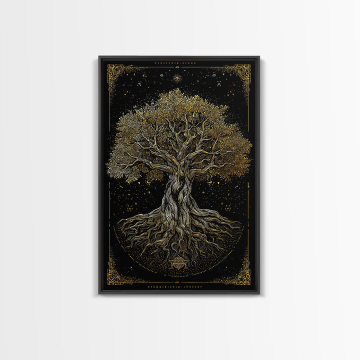 Ancient Cosmic Tree Gold Canvas Print, Norse Mythology Inspired Yggdrasil Artwork, Real Wood Frame Wall Décor, Mystical Fantasy Art