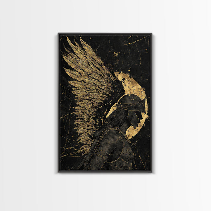 Winged Warrior Gold Canvas Print, Angelic Guardian Art On Canvas, Real Wood Frame Decor, Mythology Spiritual Wall Artwork