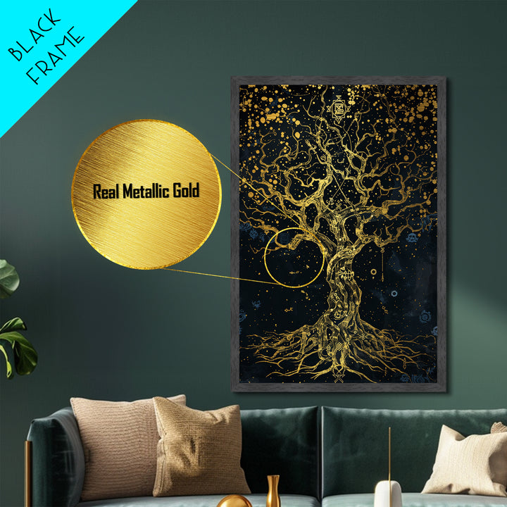 Mystical Tree Of Life Metallic Gold Art, Celestial Symbolic Nature Metal Print, Real Wood Frame Wall Décor, Sacred Mythology Fantasy Artwork