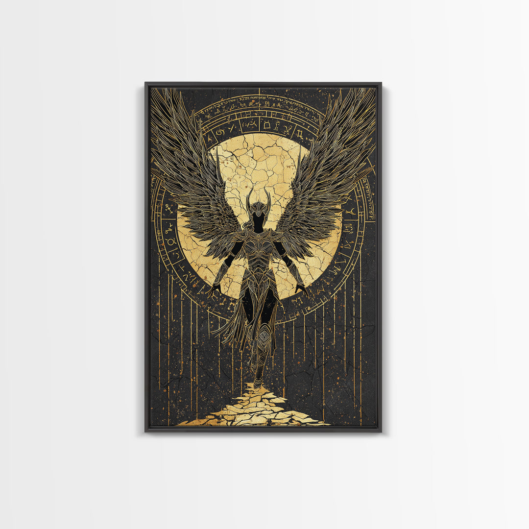 Celestial Angel Gold Canvas Art, Majestic Winged Warrior Canvas Print, Real Wood Frame Wall Décor, Divine Fantasy Statement Artwork