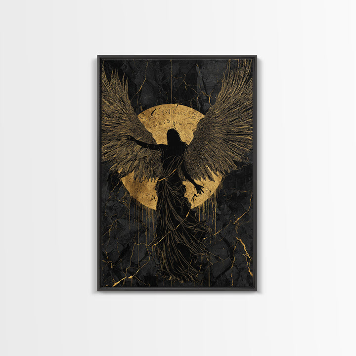 Heavenly Guardian Gold Canvas Print, Radiant Angel Art On Canvas, Real Wood Frame Wall Décor, Celestial Spiritual Artwork