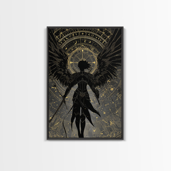 Celestial Archer Gold Canvas Art, Angel With Wings Canvas Print, Real Wood Frame Wall Décor, Divine Warrior Fantasy Artwork