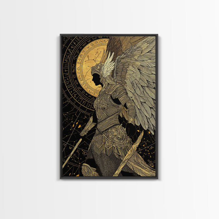Divine Protector Gold Canvas Print, Angelic Warrior Art On Canvas, Real Wood Frame Wall Décor, Celestial Mythology Artwork