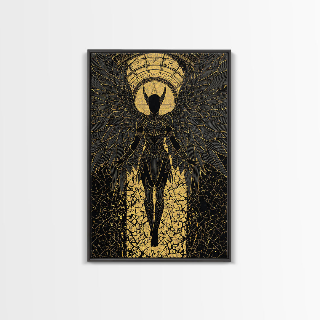 Ascendant Angel Gold Canvas Print, Winged Warrior Art On Canvas, Real Wood Frame Wall Décor, Celestial Divine Statement Artwork