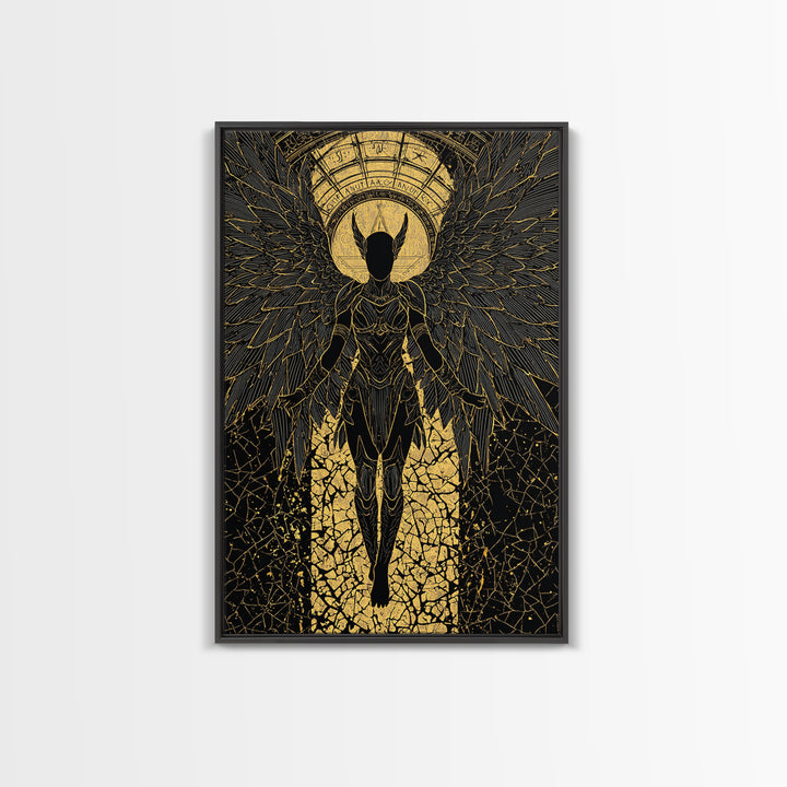 Ascendant Angel Gold Canvas Print, Winged Warrior Art On Canvas, Real Wood Frame Wall Décor, Celestial Divine Statement Artwork
